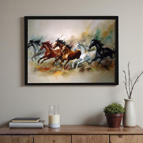 Image of 6 Running Horses Vastu Framed Wall Art Painting For Living Room | Artistic Three Horse Painting With Frame Symbol of Progress & Strength Wall Art For Home & Office, 10x12 Inch