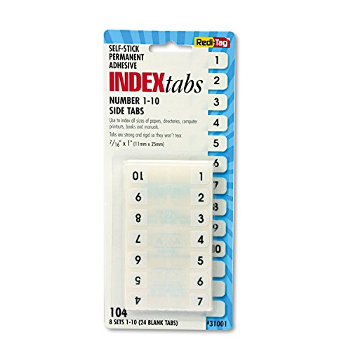 Redi-Tag 31001 Side-Mount Self-Stick Plastic Index Tabs Nos 1-10 1 inch White 104/Pack