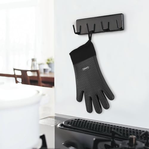 Image of Kitchen Oven Gloves - Dual-Layer Heat Resistant Grilling Gloves, Silicone Oven Mitts with 5 Fingers, Waterproof Non-Slip Pot Holder for Barbecue, Cooking, Baking (XL-XXXL, Black Long)