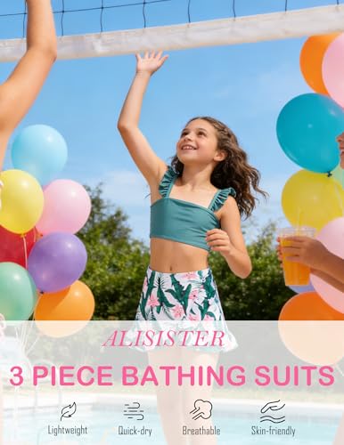 Image of ALISISTER Girls Swimsuit 3 Piece Bathing Suits Summer Bikini Tankini Sets with Cover Up Skirt for 4-12 Years