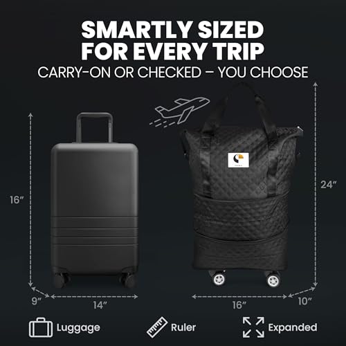 ISOKE Foldable Travel Duffel Bag - TSA Approved - With Wheels & Shoe Compartment - Weekender Bags for Women - Carry On Overnight Bag - Black - 16"×10"×24"3