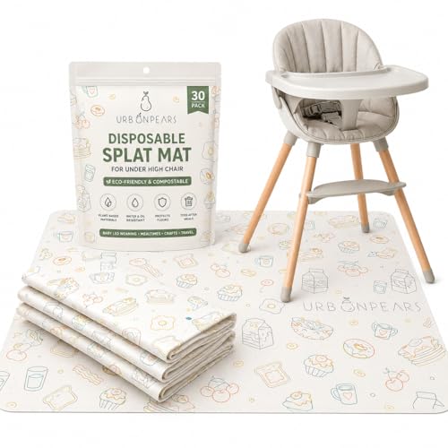 Disposable Splat Mats 30 Pack Eco-Friendly & Compostable Baby Led Weaning Supplies Under Highchair Splat Mat for Floor Urban Pears