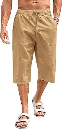 Fommykin Mens Cotton Linen Capri Pants Drawstring 3/4 Shorts Harem Pant