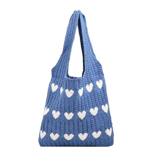 CUNGGI Knitted Heart Tote Bag for Women,Soft Knit Shoulder Hobo Purse with Cute Heart Pattern, Summer Beach Handbag for Travel, Daily Use, Gifts(Blue)