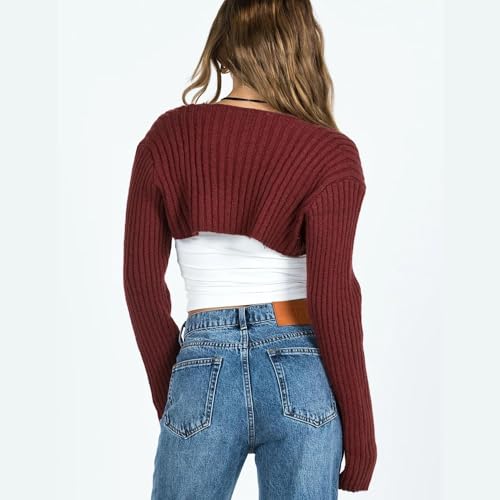 Image of Women Long Sleeve Open Front Ribbed Knit Crop Cardigan Solid Loose Drop Shoulder Shrug Bolero Crop Sweater Top