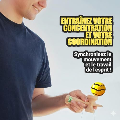 ASOLAND Kendama Traditionelles Holzspielzeug – Japanisches Bilboquet für Kinder & Erwachsene – Verbessert Reflexe und Geschicklichkeit – Komplett-Set für Profis & Anfänger, Gelb mit schwarzen Streifen