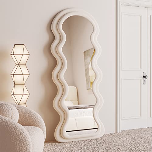 Bojoy Full Length Mirror 63"X24", Irregular Wavy Mirror, Wave Arched Floor Mirror, Wall Mirror Standing Hanging Or Leaning Against Wall For Bedroom, Flannel Wrapped Wooden Frame Mirror-White #TOP1