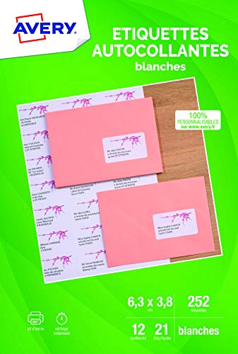 AVERY - Pochette de 252 étiquettes adressage autocollantes, Personnalisables et imprimables, Format 63,5 x 38,1 mm, Impression jet d'encre,