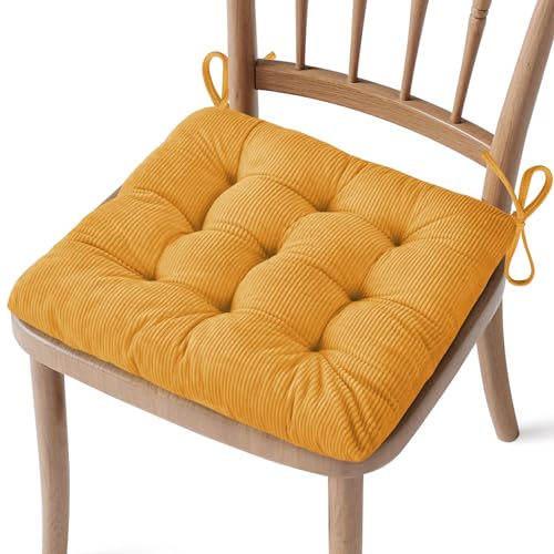 FlyGulls Corduroy Chair Cushions for Dining Chairs Indoor Kitchen Seat Cushion with Ties 1 Pack Tufted Large Kitchen Seat Pads for Dining Room 18 x 18 Yellow
