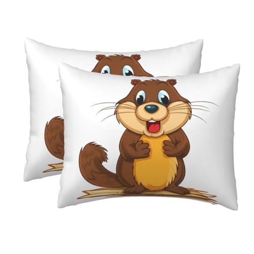 2 Pack Standard Size Pillow Cases with Zipper, Soft Breathable Pillowcase for Hair and Skin, 20x26 Pillow Covers for Sleeping Gift Bed Pillow Case Cartoon Animated Beaver Pillowcases