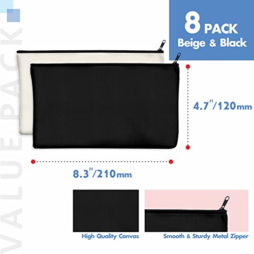 8 Pack Blank Cotton Canvas Diy Craft Zipper Bags Pouches Pencil Case For Makeup Cosmetic Toiletry Stationary Storage (Beige &Black 8.3” X 4.7”) #TOP2