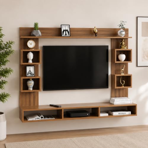 Image of FURNEASER Martin Modern Wall Mount TV Unit for Living Room Wooden Entertainment Center with Storage Shelves Modern TV Panel Stand Showcase for Up to 43 Inch Media Console Cabinet (Exotic Teak)