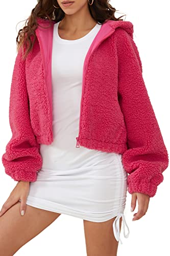 Orolay Women's Fuzzy Fleece Cropped Jacket Fluffy Sherpa Coat Winter Teddy Hoodie with Long Sleeves