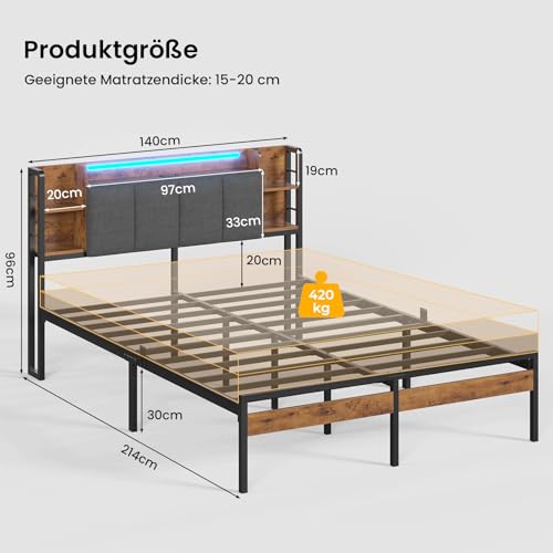 AOGLLATI Bettgestell 140x200 mit LED-Beleuchtung und USB-Ladefunktion, Metallbett Bettrahmen mit Stauraum-Kopfteil Bett mit Gepolstertem Kopfteil Jugendbett Doppelbett mit Lattenrost(140 x 200 cm) – Bild 3