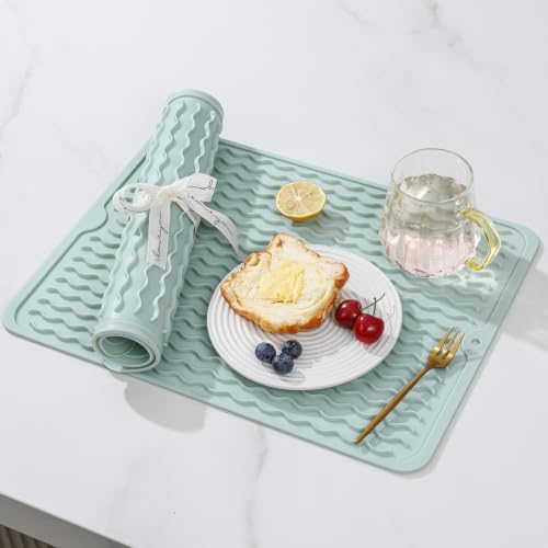 Image of 2 Pack Caketime Silicone Dish Drying Mat for Kitchen Counter Escurridor de Trastes para Cocina Cooking Dining Hot Pads Rubber Palcemats Coffee Bar Must Haves Women Gifts 15 inchx11.5 inch Green