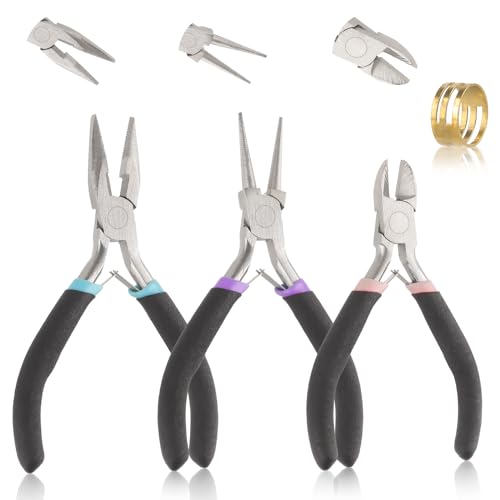 3 Pièces Pinces à Bijoux, Outils de Fabrication de Bijoux, avec Ouvre-anneau, Pince Plate, Pince Coupante, Pince a Bout Rond, Pinces Kit, Pour la Découpe de...