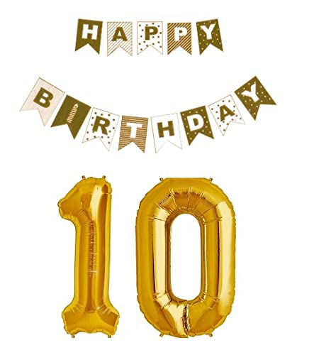 Adhvik Combo Of Golden Printed Happy Birthday Banner With Golden Ten'10' Digit,Number Balloon