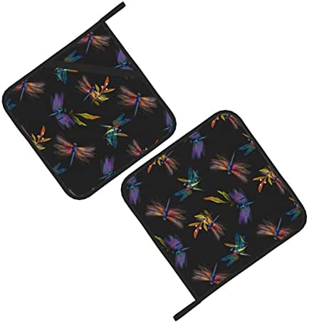 Potholders 2 Pieces Set, Colorful Dragonfly Hot Pads with Anti-Scald Cotton Infill Material