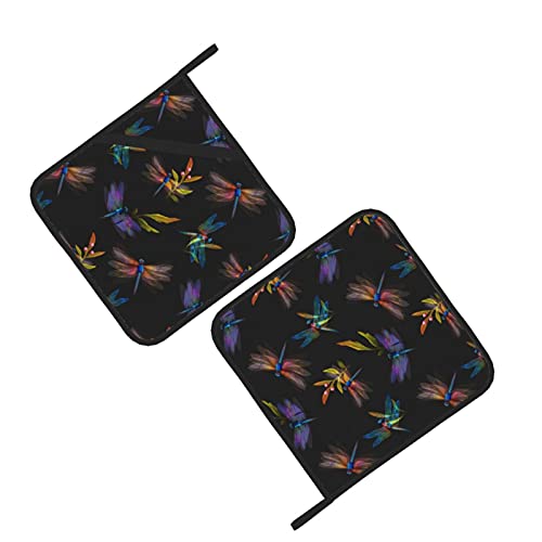 Potholders 2 Pieces Set, Colorful Dragonfly Hot Pads With Anti-Scald Cotton Infill Material #TOP3