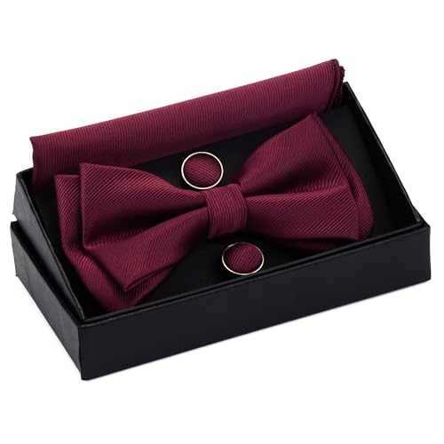 Image of GUSLESON Mens Solid Color Two Layer Pre-tied Bow Tie and Pocket Square Cufflink Set with Gift Box