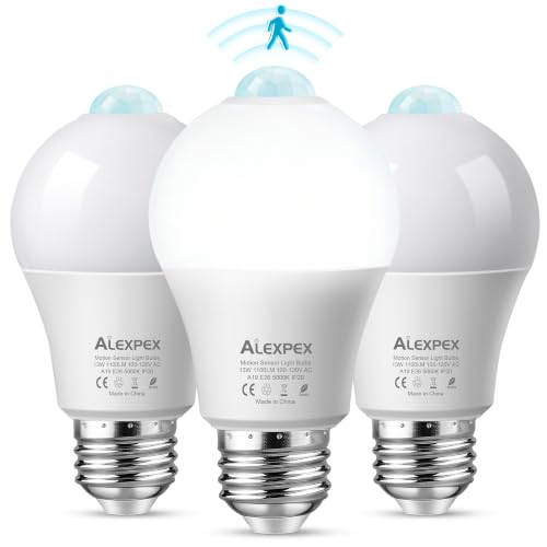 ALEXPEX Motion Sensor Light Bulbs, 5000K Daylight White Dusk to Dawn Led Bulb,13W 100W Equivalent, Motion Activated Security Light Bulb for Indoor and Outdoor Porch Hallway Stairs Closet Garage,3Pack