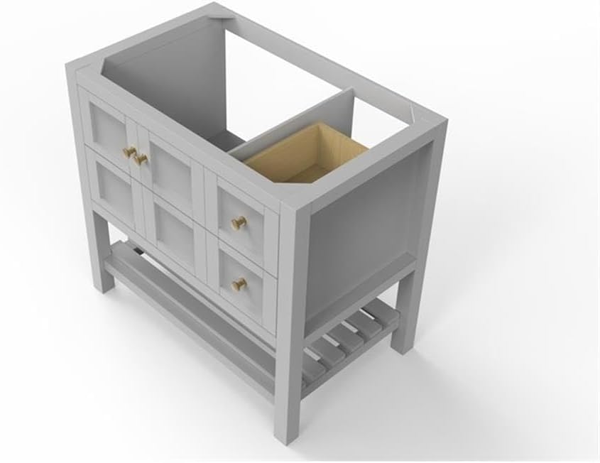 BOWERY HILL 36" Gray Wood Modern Vanity Base, Birch and Plywood, Gold Handles, Freestanding Bathroom Cabinet with Soft-Close Doors and Open Shelf for Towel Storage