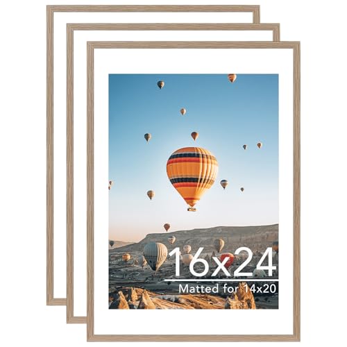 JCJMY 16x24 Picture Frame with Mat for Poster Photo and 40x60 cm Canvas, Display 14x20 with Mat or 16 x 24 without, Wood 16 by 24 Wall Gallery Poster Photo Frame, 3 Pack, Rustic Brown