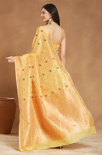 Image of Janasya Women's Light Peach Linen Blend Patola Woven Design Jacquard Saree with Blouse Piece