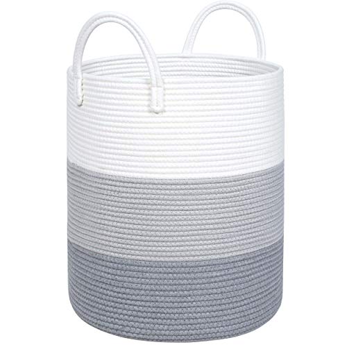 Mintwood Design Large 18 X 16 Inches Decorative Woven Cotton Rope Basket, Tall Laundry Basket Hamper, Blanket Basket For Living Room, Storage Baskets For Toys, Towel, Throw, Pillow, 3-Tone Light Grey #TOP9