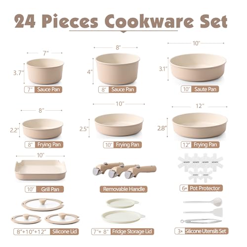 Image of SENSARTE 24 Piece Ceramic Pots and Pans Set, Nonstick Detachable Handle Cookware, Induction Cookware Set with Removable Handle, Healthy Non Stick for RV, Dishwasher&Oven Safe, PFOA Free (Almond Beige)