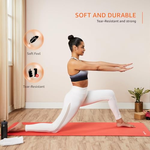 Image of AmazonBasics Dual Colour Yoga Mat | 6 MM Thick Mat | Carry Strap | Grippy Surface | Anti Slip Exercise Mat | EVA & LDPE Material | Yoga Mat for Men & Women | Exercise Mat for Gym or Home (Black & Red)