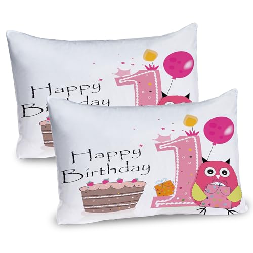 Ambesonne 1st Birthday Pillow Sham Set of 2, First Birthday Surprise Cake Candle Sketchy Cartoon Owl Image, Quality Microfiber Bedding Item for All Seasons, 30