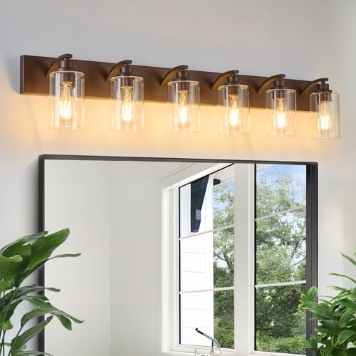 Image of 6-Light Bathroom Light Fixtures Modern ORB Vanity Lights | Easy to Install Clear Glass Shades, Wall Mount Up or Down, E26 Socket, Hardwired, 124V