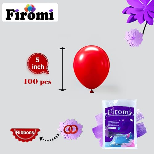 Image of Firomi Small Red Balloons 5-inch 100 Pack (with 2 Ribbons)