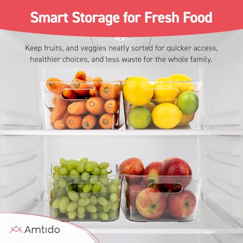 Amtido Clear Plastic Organiser Storage Medium, 4 Pack (24.5 x 10.5 x 17.2 cm) – Durable BPA-Free PET Fridge Organisers with Handles - Nestable Tray Storage for Kitchen, Fridge, Pantry, Bathroom - Image 4