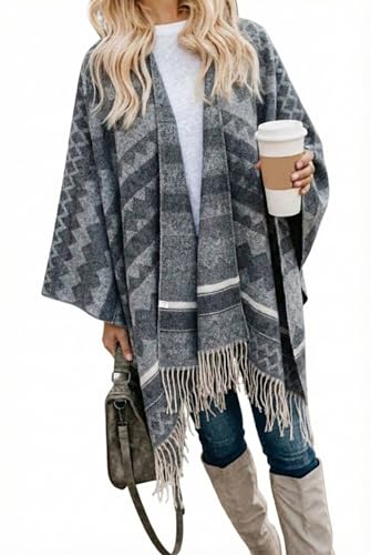 Bestshe Women's Boho Open Front Poncho Knitted Plaid Shawl Wrap Cape Tassel Cardigan Sweater, #11 Boho Grey, One size