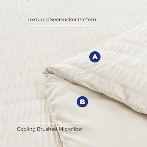 Image of HYMOKEGE Ivory Oversized King Comforter Set Seersucker 7 Pieces, All Season Luxury Bed in a Bag for Bedroom, Bedding Set with Comforter, Sheets, Pillowcases & Shams