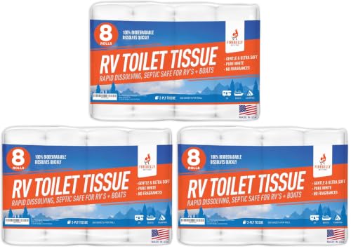 Image of RV Toilet Paper, Septic Tank Safe-MADE IN THE USA- 8 Rolls,2-Ply 500 Sheets - Fast Dissolve Bath Tissue for Camping, Marine, RV Holding Tanks, Biodegradable - Firebelly Outfitters (Pack of 3)