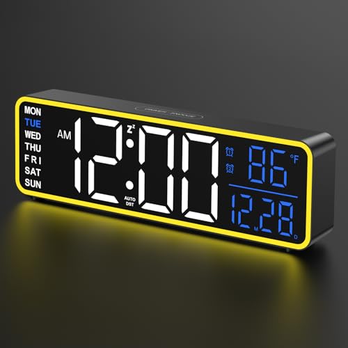Alampan 9" Digital Alarm Clocks for Bedroom, Large Display Corded Clock, Dual Alarm, with Night Light, LED Temperature Calendar, Electric, for Living Room, Nightstand, Desk, Auto DST(Blue Temp & Date)