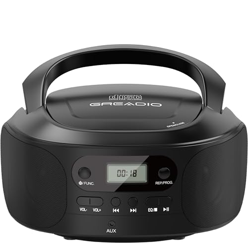 Greadio CD Boombox Player with AUX Input, Portable Boombox Player with Good Sound, CD/C D-R/C D-RW Compatible, Programmable, Battery/Type-C Operated,Digital Portable Boombox for Kids,Seniors