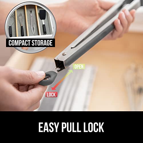 Gorilla Grip Stainless Steel Heat Resistant Kitchen Tongs Set Of 2, Non Scratch Silicone Tip For Nonstick Cooking Pans, Strong Grip For Grabbing Hot Food, Air Fryer, Pull Lock, 9 And 12 Inch, Gray #TOP5