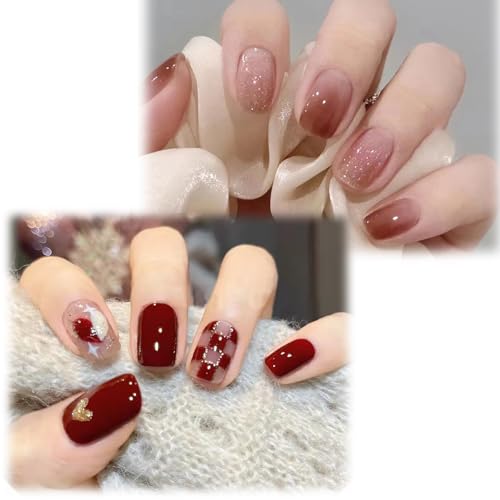 2 Sets Press On Nails Kit, Stick On Nails for Women, Fake Nails Extension Kit with Tools, Ice Red Brown Checkerboard Design, False Nails for Wedding, Party, Dailys Wear