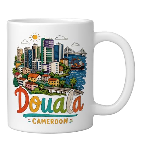 Taza de cerámica blanca souvenir viaje Douala miniatura 2