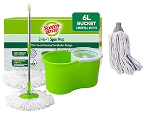 Scotch-Brite 2-in-1 Bucket Spin Mop (Green, 2 Refills) & Plastic Handle Cotton Mop Refill Combo