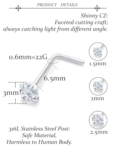 Vsnnsns 18G 20G 22G Nose Rings Studs Piercing Jewelry for Women 316L Surgical Stainless Steel L Shaped Corkscrew Straight Opal Diamond CZ Nose Rings Studs Nostril Piercing Jewelry For Women Men Silver4