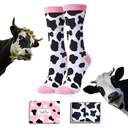 sockfun Grappige cadeaus voor vrouwen, tienermeisjes, grappige augurkgeschenken voor taco donutgeschenken, augurk sokken taco donutsokken, Koe Roze, M
