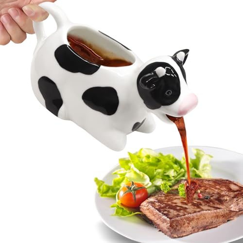 Ceramic Gravy Boat,11oz/300ml Gravy Boat Milk Cow Sauce Jug with Smooth Handle - Perfect for Serving Jars of Salad Dressing, Broth, Cream, Milk for Thanksgiving, Halloween, Christmas (Whiteï¼‰