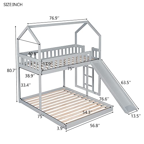 Glorhome Twin Over Full House Bunk Bed， Detachable To Floor Bedframe And A Loftbed, With Slide, Built-In Ladder,Full-Length Guardrail For Kids Adults,Roof Can Be Decorated #TOP1