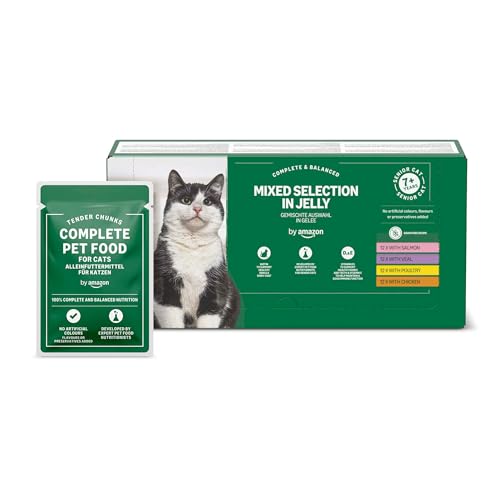 by Amazon Katzenfutter, nass, für ältere Katzen, Gemischte Auswahl in Gelee, 4.8kg (48 beutel mit 100g)