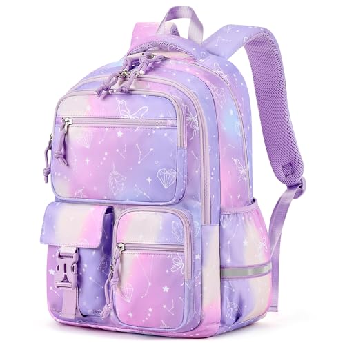 mibasies Backpack for Girls: 17.8IN Kids School Backpack for Elementary Primary - Bookbag with Laptop Compartment - Diamond Constellation Purple